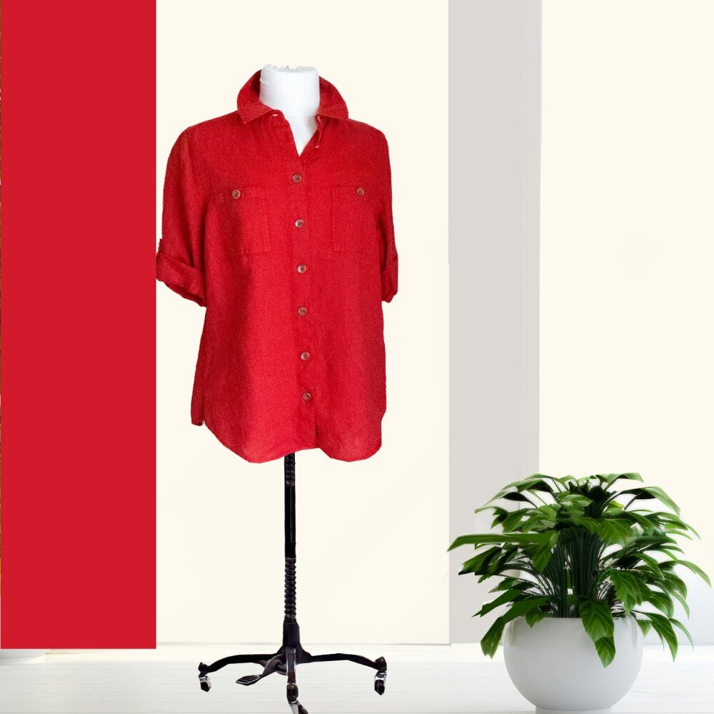 OLSEN LINEN RED SHORT SLEEVE CAMP SHIRT NEW WITH TAGS
